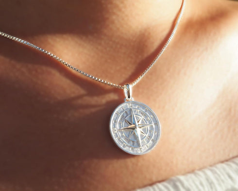 Hawaiian Silver Jewelry Compass Pendant Necklace for Men or Women with 20-Inch Chain, 925 Sterling Silver, Laser-Engraved Inscription, Nautical Je...