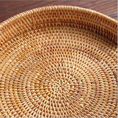 YANGQIHOME Rattan Round Serving Tray, Decorative Coffee Table Tray, Hand Woven Serving Basket with Handles, Ottoman Wicker Fruit/Bread Serving Bas...