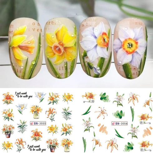 12 Sheets Lily Flowers Nail Stickers Water Transfer Decals Slider Nail Art Decorations White Flower Green Leaf Geometric Line Sliders Spring Flora...