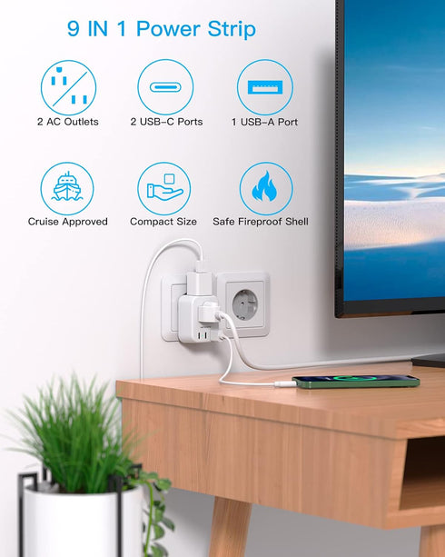 European Travel Plug Adapter USB C, International Plug Adapter, US to Europe Plug Adapter with 2 Outlets 3 USB Ports(2 USB C), Type C Power Adapte...