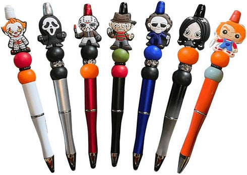 7PCS Horror Beadable Pens Horror Movie Pens Refillable Novelty Ballpoint Pen Set Halloween Spooky Pen Horror School Office Desk Accessories Gift f...