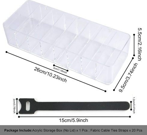 Acrylic Electronics Organizer-8 Sections Clear Cable Storage Bin Box,Cord Management Holder,Desk Storage Accessories with 20 PCS 6 Inch Reusable F...