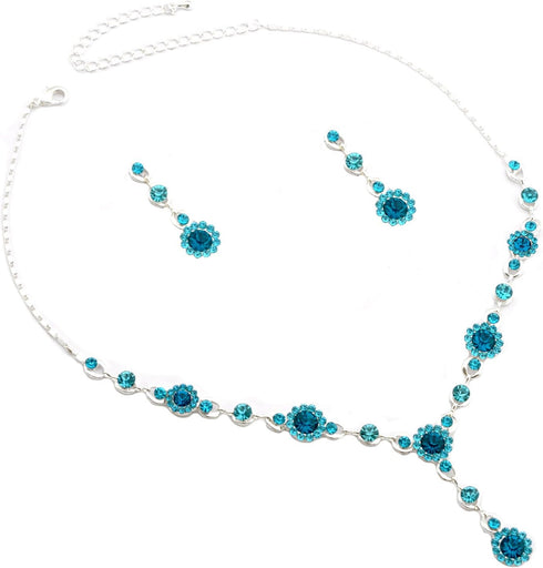 Silver Aqua Rhinestone Flower and Aqua Rhinestone T Necklace with Matching Dangle Earrings Set...