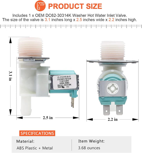 DC62-30314K Washer Water Inlet Valve by Beaquicy - OEM Hot Water Inlet Valve - Replacement for Sam-sung Ken-more Washing Machine - Repalces DC62-30314H 1810145 AP4204535 PS4209100