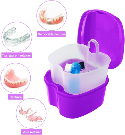 2 Pack Denture Case Dental Mouthguard Case, Denture Bath Box Cleaning with Brush, Strainer Basket and Lid Waterproof - Purple and Blue...
