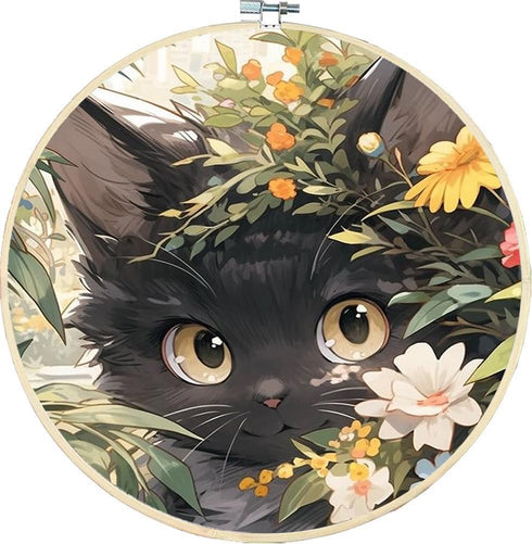 Stamped Cross Stitch Kits with Frame - Black Cat Flower Embroidery Kits for Beginners Adults,11 CT Patterns Dimensions Counted Cross Stitch Kits A...