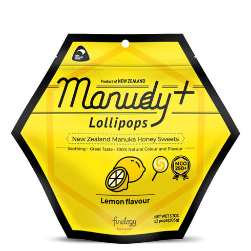Manudy+ New Zealand Manuka Honey Sweets Lollipops MGO250+ Natural Fruits Flavor 12 Pops (Lemon)...