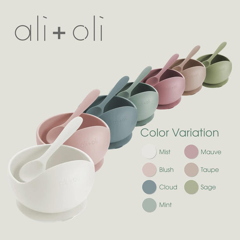 Ali+Oli Silicone Suction Bowl and Spoon Set (Sage, Original) - Unbreakable for 6 Months and Up, Self Feeding Utensils, First Stage Baby Feeding Su...