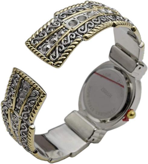 Metal Ladies Western Bangle/Cuff Watch with Simple Rhinestones on Band (Two Tone)...