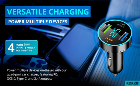 66W Car Charger Cigarette Lighter USB Charger, 4-Port Car Charger, 2 * USB 2.4 +PD+Type C Cigarette Lighter AdapterVoltmeter Compatible with Samsu...
