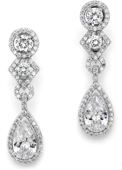 Mariell CZ Clip-On Earrings with Pear Dangles. Drop Style Silver Bridal Clip Earrings for Weddings!...