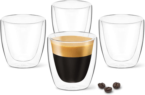 DLux Espresso Coffee Cups 3oz, Double Wall, Clear Glass set of 4 Glasses, Insulated Borosilicate Glassware Tea Cup...