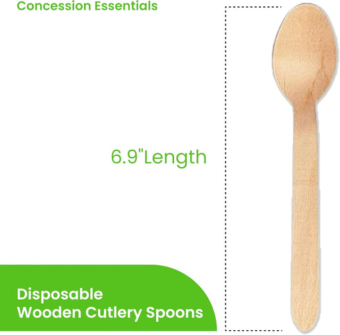Concession Essentials Disposable Wooden Cutlery Spoons, Compostable and Earth Friendly, 6.25 Inch Length - Pack of 100 Spoons...