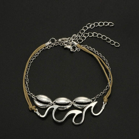 Bohemia Shell Wave Anklet Set Conch Leather Foot Chain 2 Pcs Boho Beach Ankle Bracelet for Women and Girls...