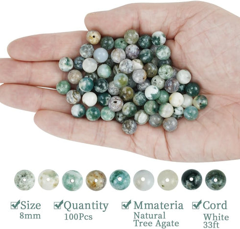 100Pcs Round Natural Tree Agate Gemstone Loose Beads with Stretch Cord for Bracelet Jewelry Making, 8mm, Small, Green White...