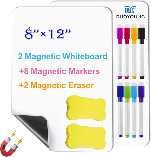 2 Pack PET Magnetic Whiteboard for Fridge, Small Magnetic Dry Erase Boards with 8 Markers and 2 Eraser, Reusable Blank Magnet White Board Sheets f...