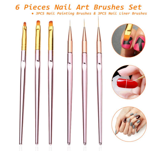 6PCS Nail Art Liner Brushes Set, UV Gel Acrylic Nail Art Drawing Painting Brushes Rose Gold Handle French Stripe Lines Painting Nail Pens...