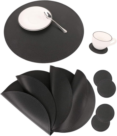 Faux Leather Round Placemats and Coasters, Disko Table Mats and Drink Spills Coasters, Easy to Clean, Double Stitched for Kitchen Dining Table, Di...
