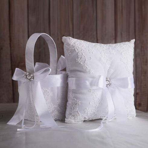 TRUE LOVE GIFT Ring Bearer Pillow and Wedding Flower Girl Basket Set Pearl Rhinestones White Satin Lace Collection...