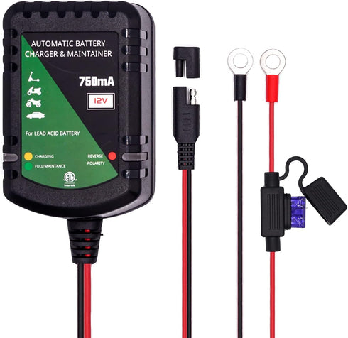 12 Volt Battery Charger 750mA Automatic Battery maintainer trickle Battery Charger Smart Float Charger for Automotive car Motorcycle Lawn Mower Bo...