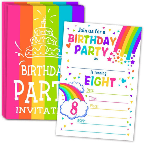ukebobo Rainbow Happy Birthday Party Invitations for Child’s 8th Birthday Party – Colorful Invitation with Envelopes for Kids 8th Birthday Party –...