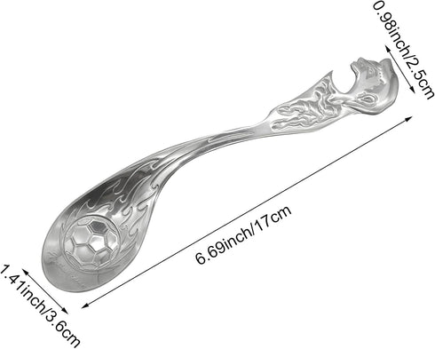 2Pcs Cereal Spoon 18/10(304) Stainless Steel Soup Spoon with Soccer Exclaim Shoot Shape Embossed 6.69inch Service Spoon Bottle Opener 2 in 1 Tool ...