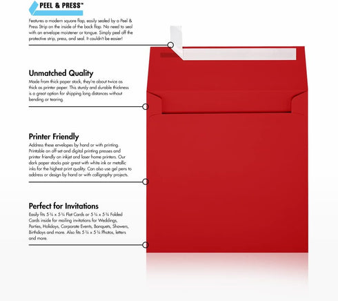 LUXPaper Square Invitation Envelopes | Peel & Press | 6" x 6" | Ruby Red | 80lb. Text | 50 Qty...