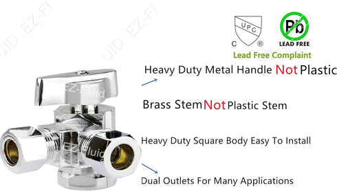 EZ-Fluid 1/2" Fip X 3/8"Comp X 3/8"Comp 1/4 Turn Dual Outlets Heavy Duty Chrome Brass Angle Stop Valve Water Shut Off Ball Valve (1)...