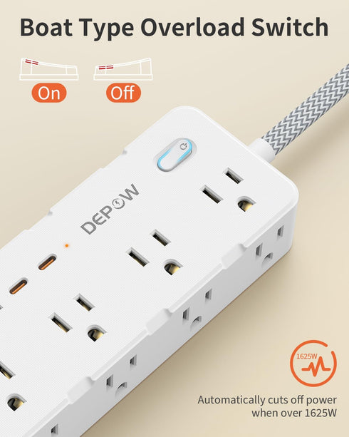 Power Strip Surge Protector, 5FT Braided Extension Cord with Multiple Outlets-8 AC Outlets 4 USB Ports (2 USB C), Flag Plug Charging Station, 1700...
