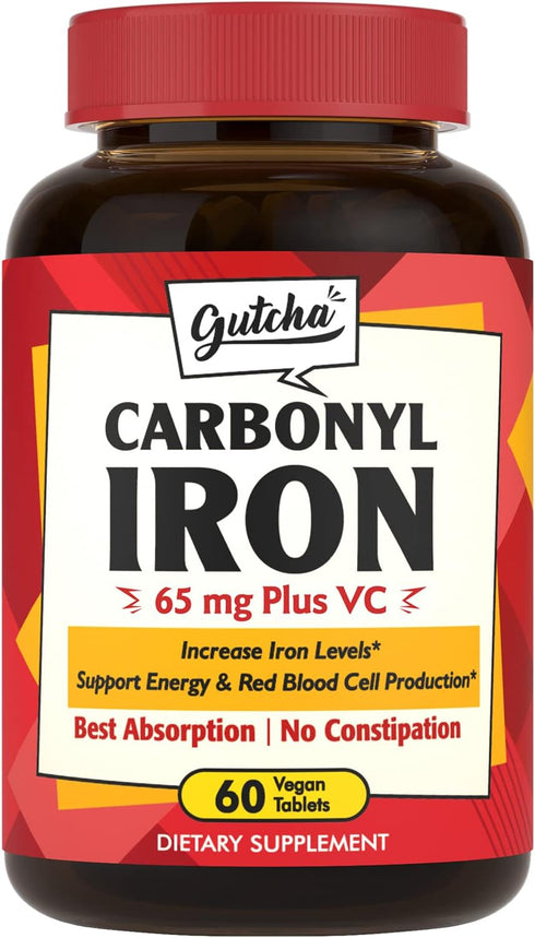 Iron Supplement, 65 mg, Carbonyl Iron Plus Vitamin C, Energy & Blood Support for Women & Men, Better Absorption, Gentle on The Stomach, No Nausea,...