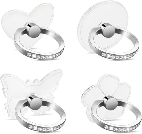 4 Pcs Rhinestone Cell Phone Ring Holder Transparent 360° Degree Rotation Universal Phone Ring Holder Finger Kickstand Clear for All Mobile Phones....