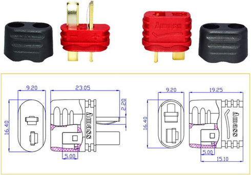 10 Pairs Amass T-Plug Connector Anti-Slip Male and Female Connector Adapters with Caps for RC LiPo Battery Motor ESC Controller...