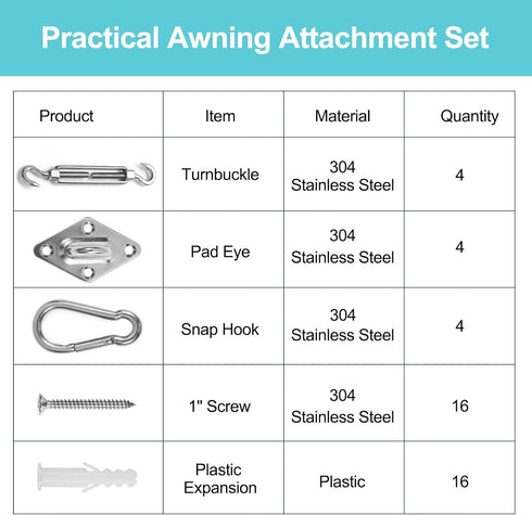 HOMPER Awning Attachment Set, Heavy Duty Sun Shade Sail Stainless Steel Hardware Kit for Garden Triangle and Square, Rectangle, Sun Shade Sail Fix...