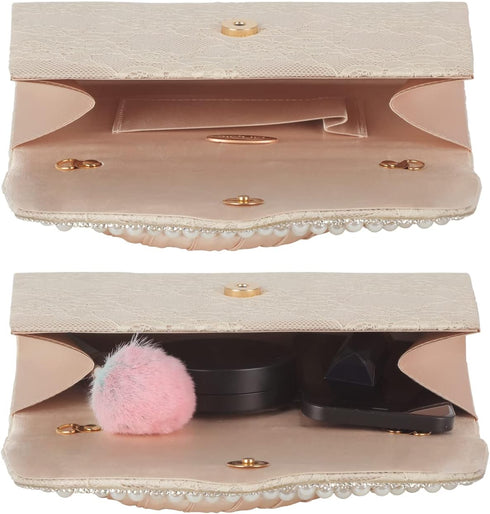 Pearl Clutch Bride Bag and Lace Eenvelope Purse for Women Evening Prom Clutch Handbags Beaded Wedding Purses for Women Formal Clutch Purse,Beige...
