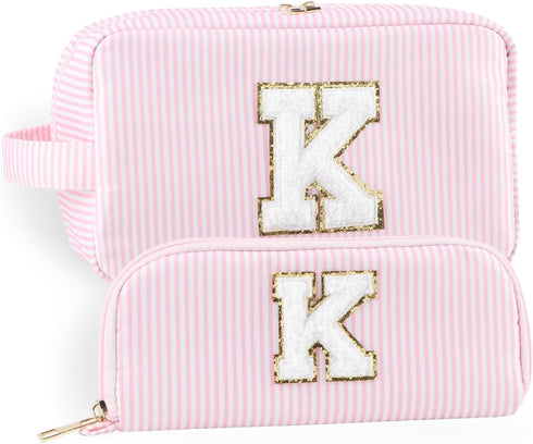 Makeup Bag Set 2pcs Spring Break Essentials Monogram Initial Cosmetic Bag Set Womens Toiletry Bag Nylon Skincare Bag With Portable Handle and Pock...