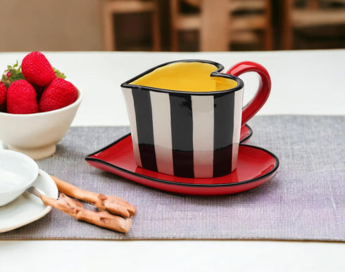 62369 Fine Ceramic Black and White Striped Heart Shape Cup and Saucer, 5-1/4"...
