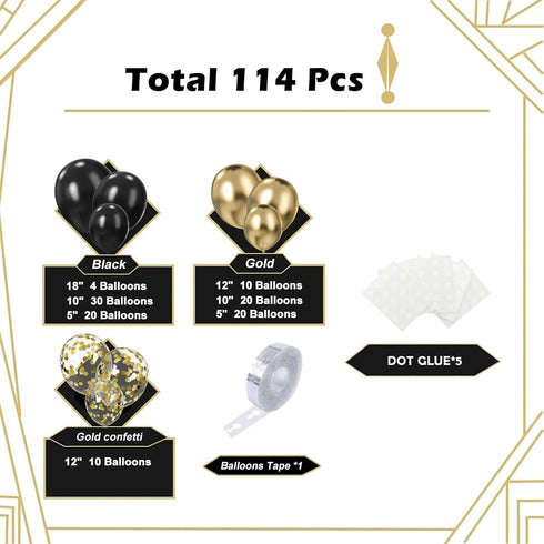 Black and Gold Balloon Garland Kit, 114Pcs Black and Gold Balloons, 4 Size Black Gold Latex Party Balloons for Birthday Decorations, New Years, We...