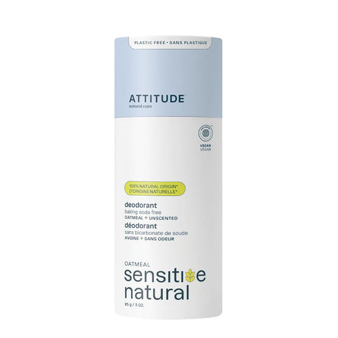ATTITUDE Baking Soda Free Deodorant for Sensitive Skin with Oatmeal, EWG Verified, Aluminum Free, Plastic-Free, Unscented, 3 Ounces...