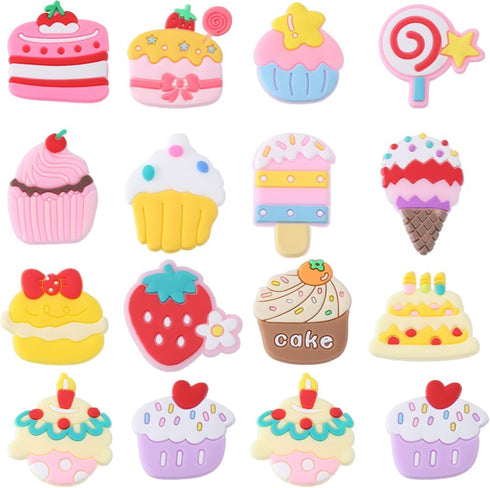 SUNNYCLUE 84pcs 14 Styles PVC Shoe Charms Cute Shoes Charm Flatback Cabochon Food Theme Plastic Summer Ice Cream Cake Strawberry Lollipop Pink Kaw...