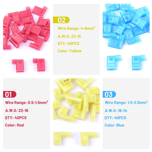 120PCS Nylon Insulated Flag Spade Quick Disconnects Wire Connectors, 90 Degree Electrical Female Crimp Terminals Assortment Kit AWG22-10...