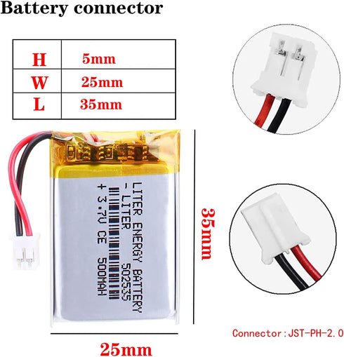 3.7V Lipo Battery 500mAh Rechargeable Lithium ion Polymer Battery 502535 Lithium Polymer ion Battery with JST Connector...