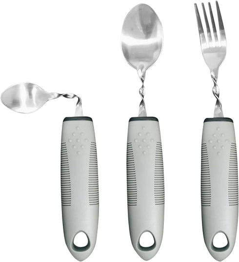 Adaptive Utensils (3Piece Kitchen Set), Right Handed Curved Spoon and Fork, Non-Slip Handles for Hand Tremors, Arthritis, Parkinson's Elderly use ...