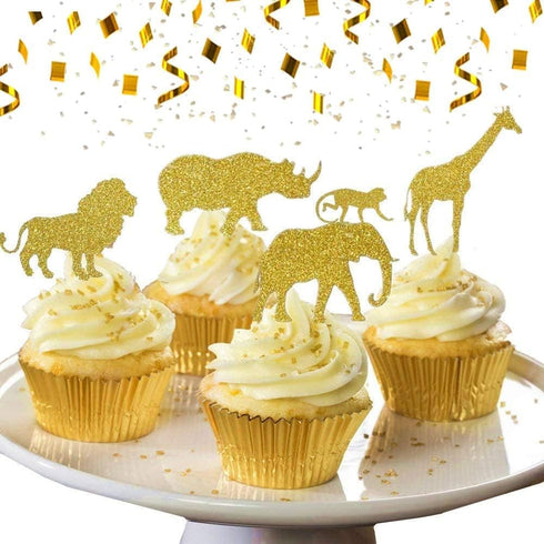 JeVenis 30 Pcs Gold Glitter Jungle Safari Animal Cupcake Toppers Jungle Animals Cake Decorations for Jungle safari Animals Party Baby Showers Birt...