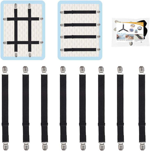 Adjustable Bed Sheet Straps Clips, Elastic Mattress Sheet Fasteners Holder and Suspenders, Grippers to Hold Sheet, Mattress, Sofa, Couch, Table Cl...