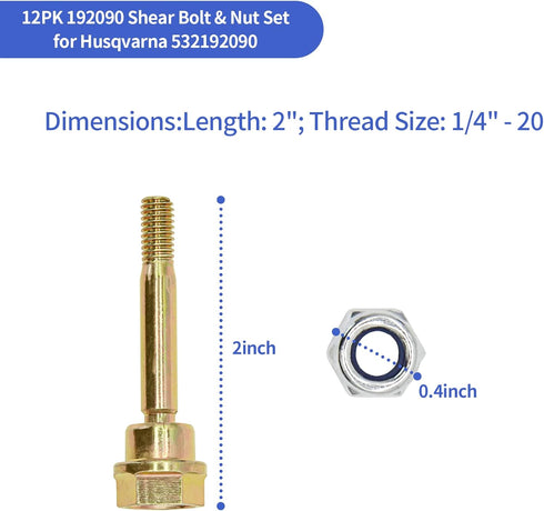 HAKATOP 12PK 192090 Shear Bolt & Nut Set for Husqvarna 532192090 532179828 532187494 532188243 588077501 601001986 AYP 192090 ST2109 ST230 ST261 S...