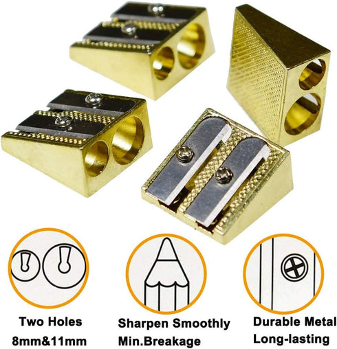 Pencil Sharpener Metal Brass Plated Sharpeners,Rectangular Dual 2 Holes Sharpeners,Hand-held Metal Sharpeners for Colored Graphite Pencils Crayons...