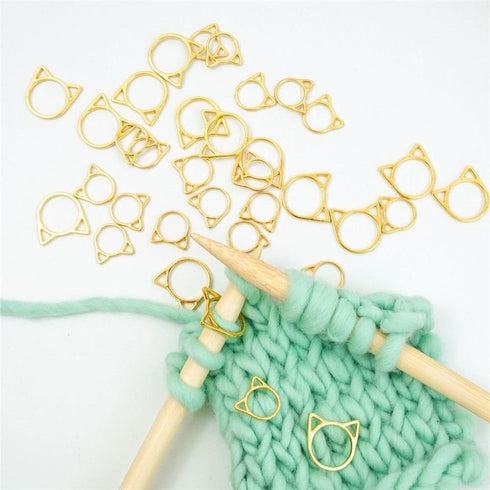 30 Pcs Stitch Markers with Wooden Storage Box, Cat Ears Metal Knitting Crochet Locking Markers Crochet Latching DIY Weaving Knitting Sewing Tools...