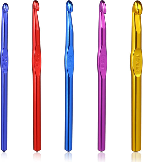 5 Pcs Crochet Hook Set 6.5m(K)/8mm(L)/9mm(M)/10mm(N)/12mm(O) Large Size Ergonomic Handle Aluminum Knitting Needles Craft Weave Yarn Set Colorful A...