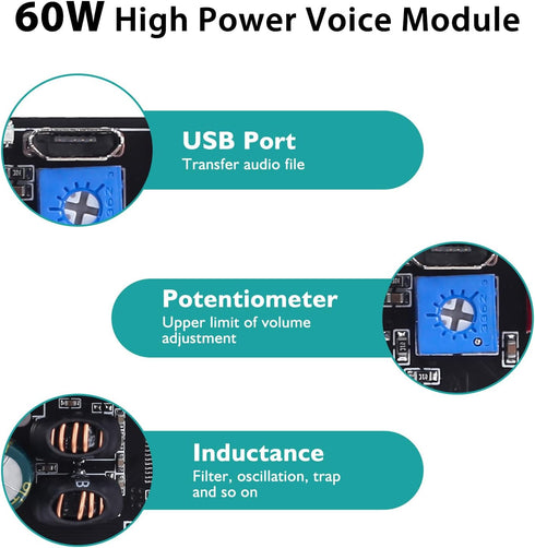 60W Voice Playback Module, PEMENOL DC 9-24V High Power Music Player Mp3 Trigger Amplifier 64Mbit Flash Storage Sound Board Supprt Sound and Light ...
