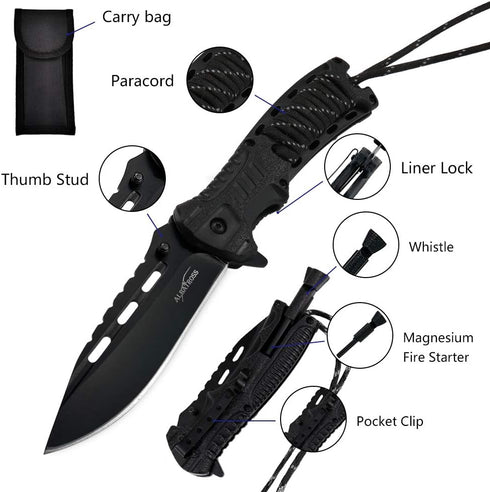 ALBATROSS Spring Assisted Folding Knife, 3.5" Black Blade, 4.75" Handle,Pocket Knife with Fire Starter, Paracord and Whistle, Liner Lock?Carrying ...